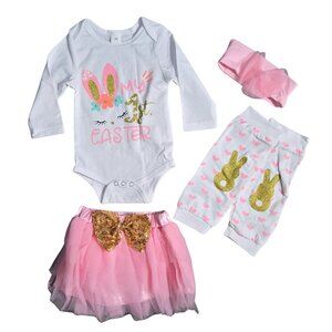 NWOT | "My 1st Easter" 4-Piece Baby Girl Outfit | Tutu, Bow & Leggings | 6-9M